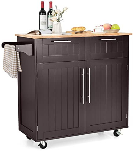 KOMFOTTEU Carro de Cocina con Ruedas, Carrito de Servicio de Madera, Isla de Cocina con Cajones, Armarios y Toallero, Mueble de Almacenaje para Comedor, Salón, 94 x 45,5 x 94,5 cm (café)