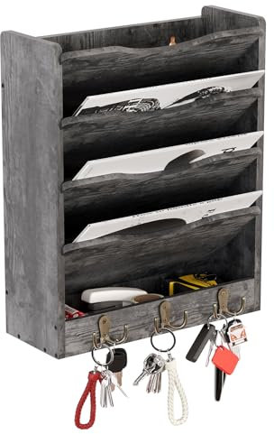 Senhoglb Zeitungshalter Wand, Hängeregister Stehsammler Holz mit 6 Haken, 5-stufiger zeitungsständer wand Prospekthalter A4 für das Home Office, Briefablage Dunkelgrau