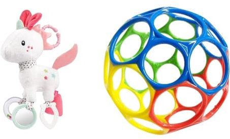 Fehn Activity Spielzeug Einhorn - Motorikspielzeug mit Befestigungsring & Bright Starts, Oball Classic, flexibler und leicht zu handhabender Ball
