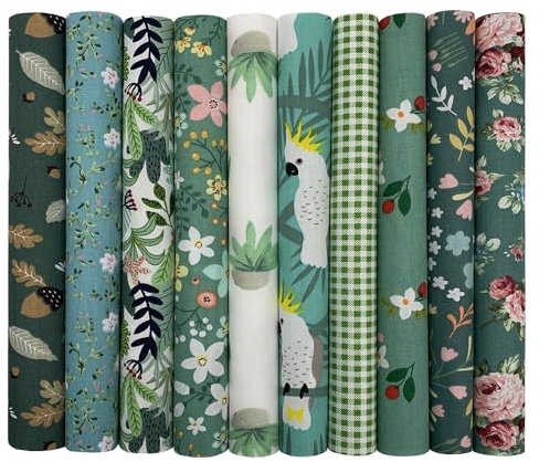 Jukway 10 Stück Baumwollstoff Meterware 25 x 25 cm Stoffpaket Patchwork, Baumwolle Stoff mit vielfältigen Mustern, Stoffe zum Nähen Quilten DIY Dekoration Handarbeiten (Grün)