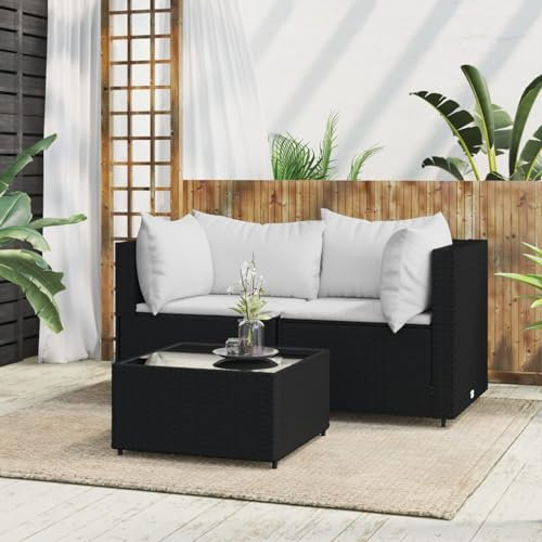 NITCA 3-TLG-2 Balkonmöbel Set Kleiner, Balkon Lounge Klein, Rattan Gartenmöbel Set, Balkon Sofa Rattan 2 Sitzer, Klein Terrassenmöbel, Balkonmöbel, Gartensofa mit Kissen Schwarz und Weiß