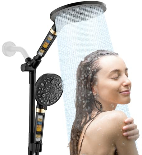JONKEAN Cabezales de ducha dobles con rociador de mano, cabezal de ducha doble filtrado grande de 7.5 pulgadas para agua dura, 9 modos, cabezal de ducha de lluvia de cascada de alta presión con