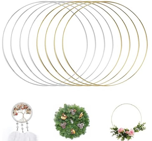 Metallringe zum Basteln, 8 Stück 20cm Metallrin, Hoop Ring Handgemachtes Zubehör DIY Dreamcatcher Runde Metall für Geschenk Dekor(Gold Silber)