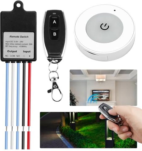 Fernbedienung Schalter, 12V Funkschalter mit Fernbedienung, 433MHz Wireless Lichtschalter Fernbedienung, Wasserdicht Funkschalter DC 5V/12V/24V, Relais Drahtloser Schalter, für Garagentore, Leuchten