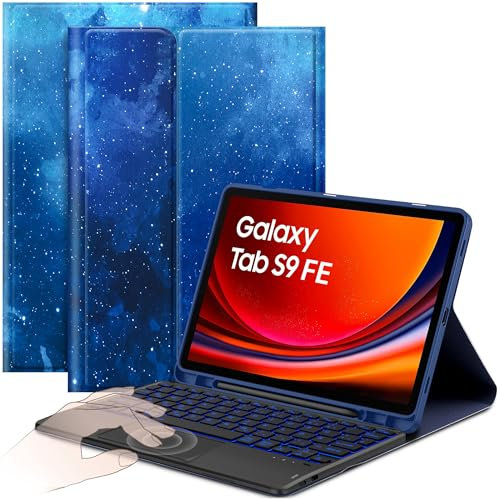 CACOE Hülle Tastatur Kompatibel mit Samsung Galaxy Tab S10 Lite 5G / S10 FE / S9 FE / S9 10.9 Zoll/11 Zoll (2025/2023) mit Touchpad, 7-Farbige Beleuchtung Abnehmbare Kabellose Tastatur, Blauer Stern