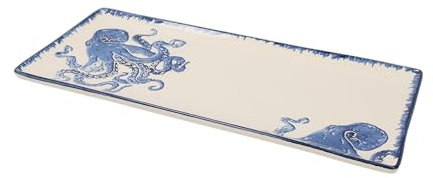 Keyhomestore - Bandeja rectangular con decoración de pulpo azul, fabricada en cerámica pintada a mano, longitud 36 cm, ideal para servir aperitivos y alimentos
