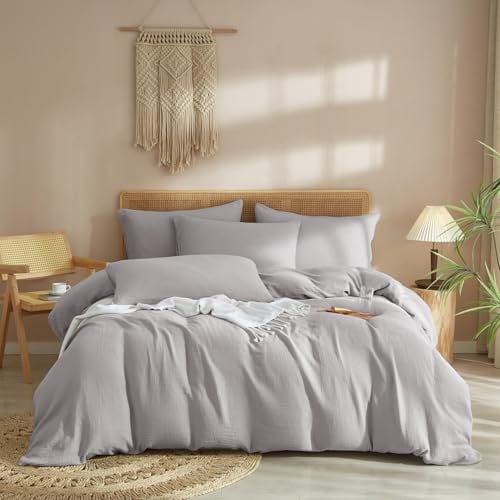 Luofanfei Baumwolle Bettwäsche Muslin 135x200 Grau Hellgrau Renforce Einfarbig Sommer Kühlende Boho Bettwäsche Set Knitterlook Weich Bettbezug Bügelfrei mit Reißverschluss und Kissenbezug 80x80cm
