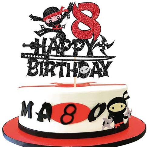 1 Pack Ninja Happy 8th Birthday Black Glitter Cake Topper - Martial Arts Kung Fu Warriors Theme Party Decoration Supplies