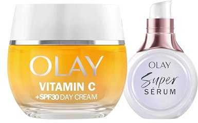 Olay Vitamin C + SPF30 Feuchtigkeitsspendende Tagescreme, 50 ml und Super Serum, 5 Vorteile in 1, 14 ml, 2 Stück, gleichmäßiger, hydratisiert und strahlend
