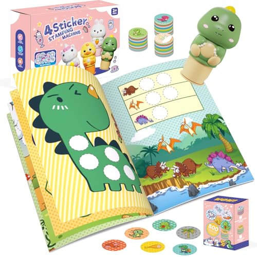 Plunack Sticker Stempel, 24-Seitiger Aktivitätenblock mit 800 Aufkleber, Fidget Toys Bastelspielzeug, Reisespielzeug für Kinder ab 3 4 5 6 7 Jahren - Dinosaurier