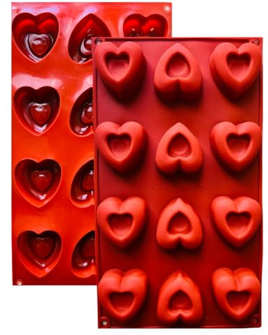 FUNCLIC - Moule en Silicone Cœurs Creux Antiadhésif, pour Muffins, Brownies, Gâteaux, Pudding, Glaçons, Gelée, Quiches (29 x 17 cm) – 12 cavités