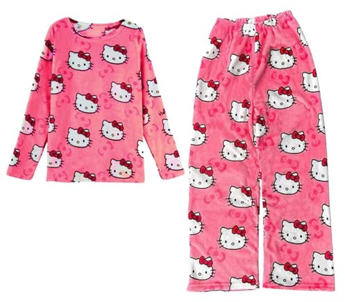 Générique 𝑯ello 𝙆itty Ensembles De Pyjama Femme Hiver Kawaii Animé Haut De Pyjama Manches Longues Col Rond Décontracté Bas De Pyjama Flanelle Polaire Chaud Et Doux VêTement D'IntéRieur De Nuit
