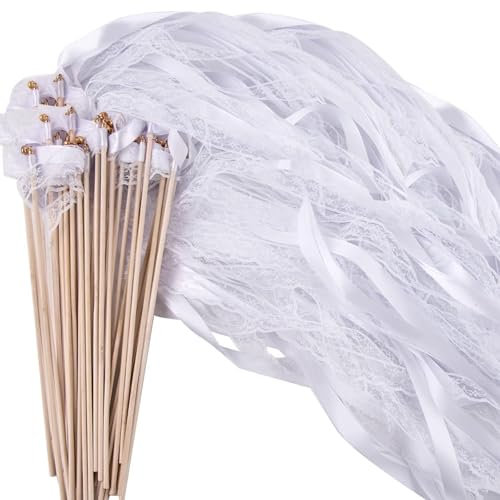 Lot de 100 bâtons de ruban de mariage, baguettes magiques en dentelle pour mariage, Noël, anniversaire, fête, blanc