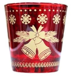 Set di 6 Bicchieri Natalizi in Vetro Rosso con Campane e Fiocchi di Neve Colore Oro, Ideali Per La Tavola di Natale