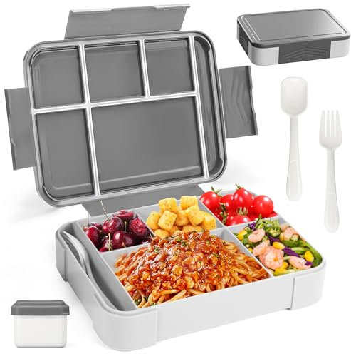 LUZOON Brotdose Kinder mit Fächern, 1330ml Jausenbox Kinder inkl. Besteck, Auslaufsicher Bento Box,Vesperdose für Kindergarten & Schule, Mikrowellen, SpüLmaschinen Sicherheit (Grau②, 1330ml)