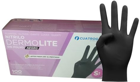 Cuatrogasa Guantes de Nitrilo sin polvo (Negro) DERMOLITE, Talla S, 100 uds