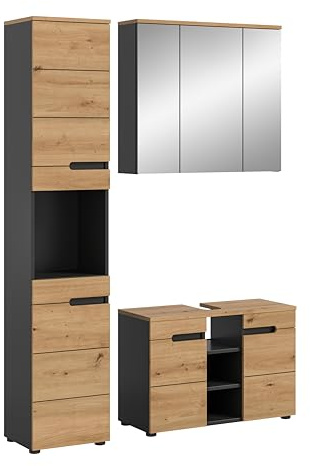xonox.home - Badkombination Canu 3-tlg. Set 133x193x34 cm in Basalt grau und Artisan - Badezimmerkombination Badmöbel Badset - funktional einfache Montage