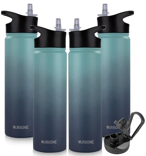 MURBONE Edelstahl Trinkflasche 750ml (+2 Deckel)-mit Strohhalm,BPA frei,Thermosflasche Auslaufsicher,Kohlensäure Geeignet,Thermoskanne Vakuum Doppelwandisolierung für Sport, Reisen, Camping(4er Set)