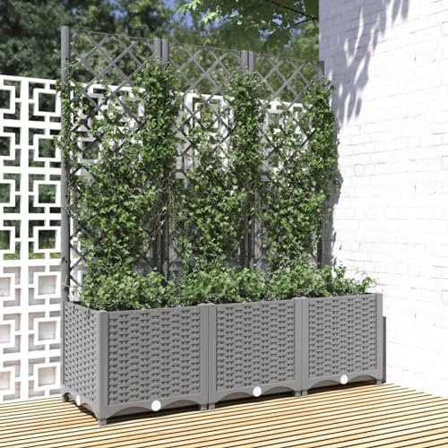 Gecheer Fioriera Giardino con Graticcio Grigio Chiaro 120x40x136cm PP,Fioriera con Traliccio,Fioriera Grigliato da Esterno,Fioriera con Spalliera Separè,Letto Rialzato,Grigliato,Fioriera da Esterno
