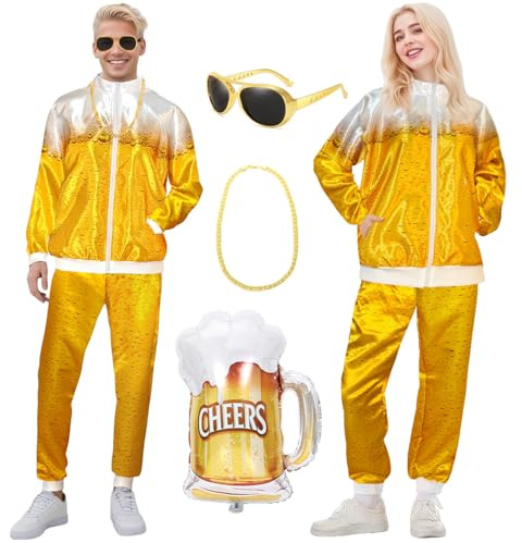 BITOYO 80er Jahre Kostüm Trainingsanzug Herren, Bierkostüm Herren und Damen, Faschingskostüm mit Jacke, Hose, Brille, Halskette, Ballon, 80er 90er Jahre Kostüm für Bierfest Karneval Halloween Party