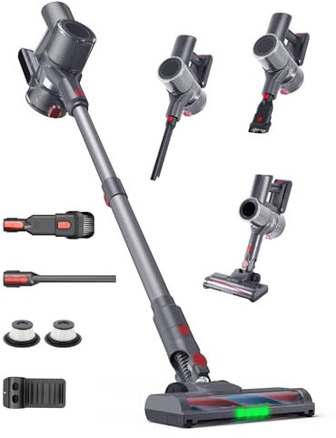 SOPPY Cordless Vacuum Cleaner, 26000 Pa Powerful Suction, Up to 50 min Long Runtime, Lightweight, Brushless Motor with LED Light & 1.2L XL Dustbin, Detachable Battery for Pet Hair/Carpet/Hard Floor