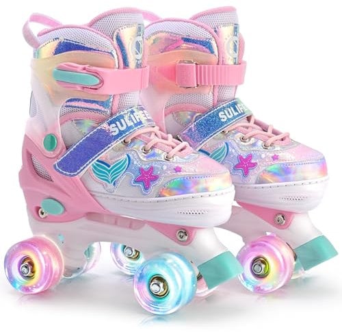 SULIFEEL Rollschuhe für Mädchen und Kinder mit leuchtenden Rollen, verstellbar in 4 Größen für Kleinkinder und Anfänger Rollschuhe