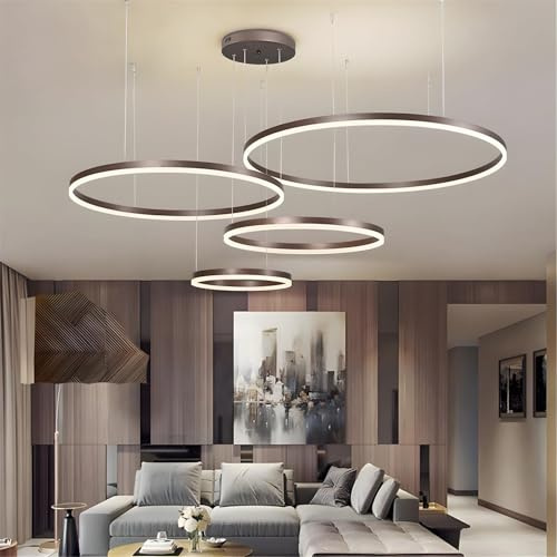 SJUN Moderner LED-Kronleuchter DIY Kreis LED-Pendelleuchte Metall + Acryl Fernbedienung Dimmbar Runde Deckenleuchte Wohnzimmer Schlafzimmer(Brown,C-20+40+60+80CM)
