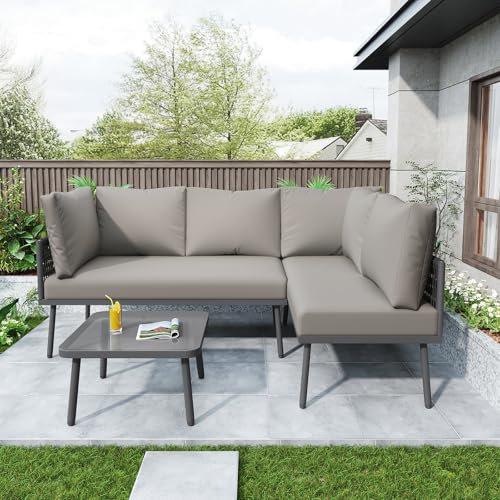 KUIKUI Garden Furniture, Outdoor Furniture Set, Garden Chairs Set, Patio Furniture with Cushions,Garden Lounge Sofa with Glass Coffee Table, Grey