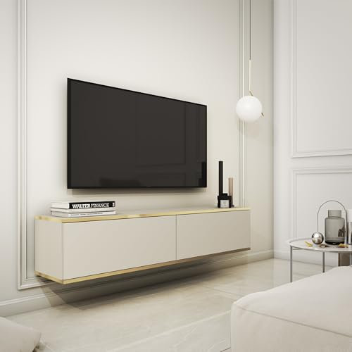 Komodee Banff TV135 - TV Schrank, Beige Glatte Front, Eiche Artisan, Breite 135 cm, Höhe 30 cm, Tiefe 32 cm