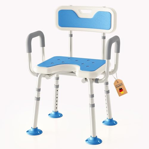 RMAN® Tabouret de Douche avec Dossier et Accoudoirs Chaise de Douche Charge 150 kg Alu Antidérapant Douche Réglage de la Hauteur à 6 Positions pour Personnes Âgées, Handicapées, Enceintes, Bleu