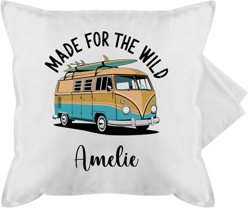 Kissenbezug - Camping Geschenk Made for the wild Camperbus mit Name I Retrobus Surfing Geschenk Oldtimer Van Geschenke Surfer - 50 x 50 cm - Weiß - Kissen Campervan Camper campingfreund