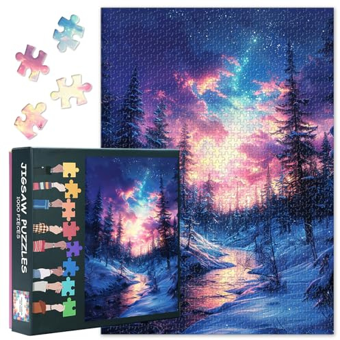 Puzzles für Erwachsene 1000 Teile, Wunderschöne Aurora Borealis über einem stillen Wald 1000-Teile-Puzzle, Unmögliche Puzzles, 50 x 70 cm