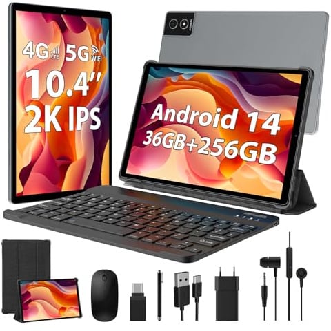 WOREGOO 10.4 pollici Android 14 Tablet, 4G LTE e 5G WiFi, 36G RAM+256G ROM, Octa-Core, 8000mAh/OTG/8MP+13MP/BT5.0/GPS/GMS, Tablet con Tastiera e Mouse(Grigio)