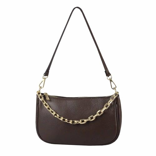 Made in Italy Damen Leder Tasche Pochette mit Kette Schultertasche Handtasche City Bag Umhängetasche Clutch Ledertasche Bodybag Schmucktasche Crossbody Cross-Over (Dunkelbraun)