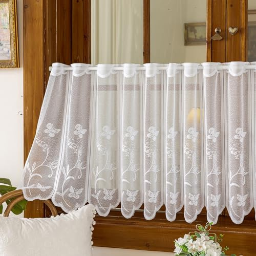 Tolldek Scheibengardinen Transparent Jacquard Gardine mit Blumen Schmetterling Panneaux Gardinen Landhaus Bistrogardine Weiß mit ösen Kurze Küchengardinen mit Gebogter Kante BxH 100x45cm 1 Stück