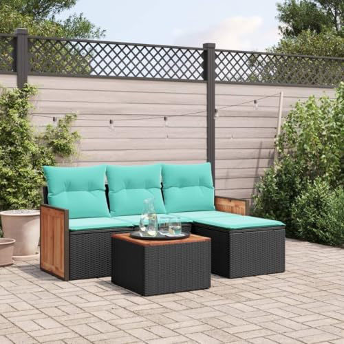 Hoopleep 5-teiliges Gartensofa-Set, schwarzes Polyrattan, UV-beständig, mit verstellbaren Füßen, bequemen blauen Kissen für Terrasse, Garten und Außenbereich