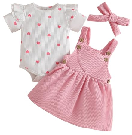 LUVCES Neonata Bambina Gonne Set Autunno Manica Lunga con Cuore Top + Velluto a Coste con Bretelle Abito+ Fascia per Capelli Abiti 3Pcs San Valentino Completo