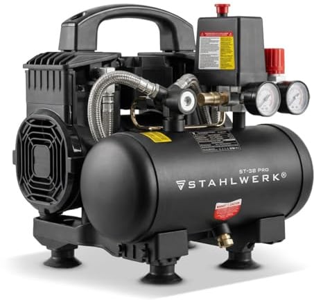 STAHLWERK Compresseur d’air 3 L (ST-38 Pro) – sans huile & silencieux | 8 bar, 1,60 CV, 1,18 kW, 190 l/min, 67 dB, compresseur d'air avec moteurs sans balais, compresseur à pistons silencieux