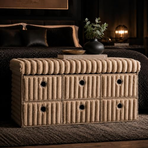 BLOOM BLENDS Ribbed Velvet Storage Ottoman Box – Foldable, Stylish & Multi-Purpose Seat with Lid | Available in 5 Colours | Bedroom, Living Room, Entryway (6 Drawer - Mink, Large (76x35x36cm))