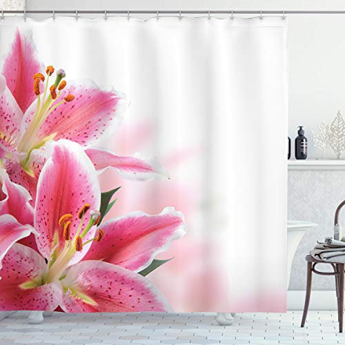 ABAKUHAUS Pink und Weiß Duschvorhang, Lilien Blumenstrauß, Stoffliches Gewebe Badezimmerdekorationsset mit Haken, 175 x 200 cm, Orange Grün Rosa
