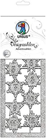 Ursus 57550004 - Designzahlen, Adventszahlen, silber, ca. 27 x 10 cm, 330 g/qm, 2 Bogen, aus Glitterkarton, gelasert