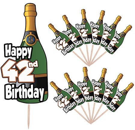 AK Giftshop Happy 42nd Birthday - Champagne Bottle Party Food Cake Cupcakes Picks Sticks Decorations Toppers Stand Up Food Flags