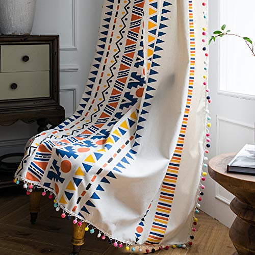 ColorBird Geometric Semi-Blackout Window Curtains 2 Panels Bohemian Style Gils Kids Curtains with Pom Pom Trims Rod Pocket Window Treatments for Dining Living Room Bedroom, 52W x 63L Inch, 1 Pair
