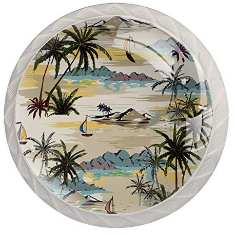 EZIOLY Retro-Palmen-Muster für Küchenschrank, Schrank, Schublade, Kommode, 4 Stück (weißer Griff)