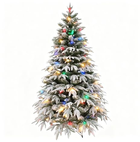 7ft/2.1m Pre-Lit Artificial Christmas Tree Lapland Fir - 320 LED Multicolour Lights, Snow Flocked 1205 PE/PVC Tips, Snowy Bushy Hinged Branches, Metal Stand for Xmas Home Decorations
