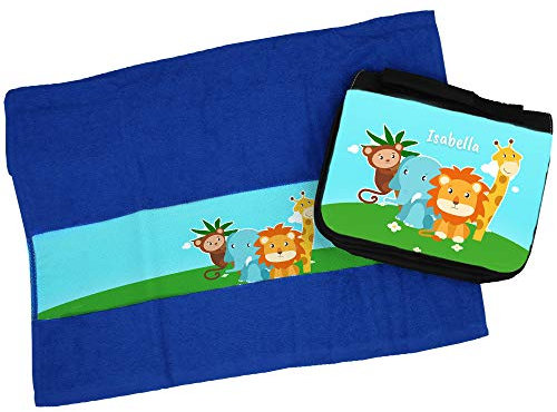 Eurofoto Handtuch + Kulturbeutel Set mit Namen Isabella und Zoo-Motiv für Mädchen | Handtuch und Kulturbeutel Bedruckt |