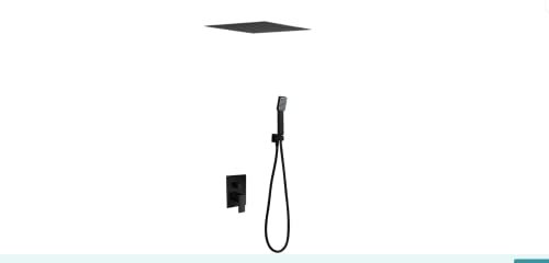 Mice - Conjunto ducha empotrada techo TERMOSTATICO - Rociador extraplano es de techo, cuadrado de 40 cm x 40 cm de lado incluye el premarco - Griferia de baño efecto lluvia color Negro Mate