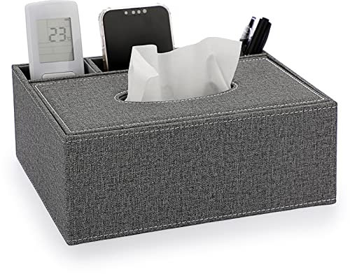 BTSKY Rechteckige Taschentuchbox aus Leinen mit Fernbedienung, Aufbewahrungsbox Serviettenhalter für Zuhause, Taschentuchhalter, Schreibtischaufbewahrung (grau)