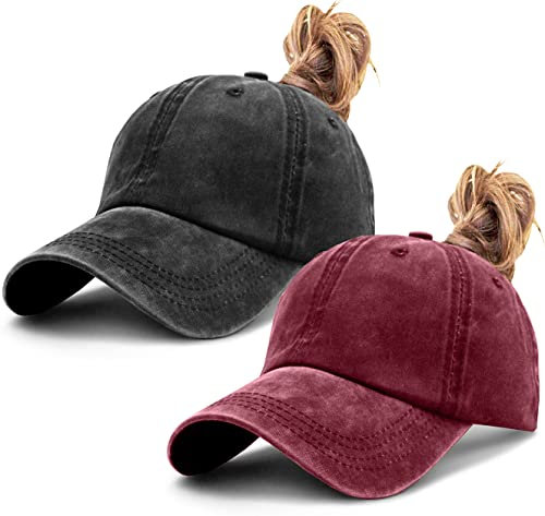 Iyebrao Damen-Baseballkappe, Pferdeschwanz, unordentlich, hoher Dutt, Ponycap, Used-Look, gewaschene Baumwolle, Sport-Mütze, Papa-Hut, Trucker-Kappe, 2 Stück, Schwarz und Burgunderrot, Einheitsgröße