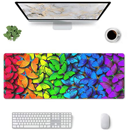 Colorful Butterfly Mouse Pad Stitched Edge XL Large Mousepad 31.5 X 12 Rubber Base Non Slip Desk Mat for Laptop Pc Computer Gaming